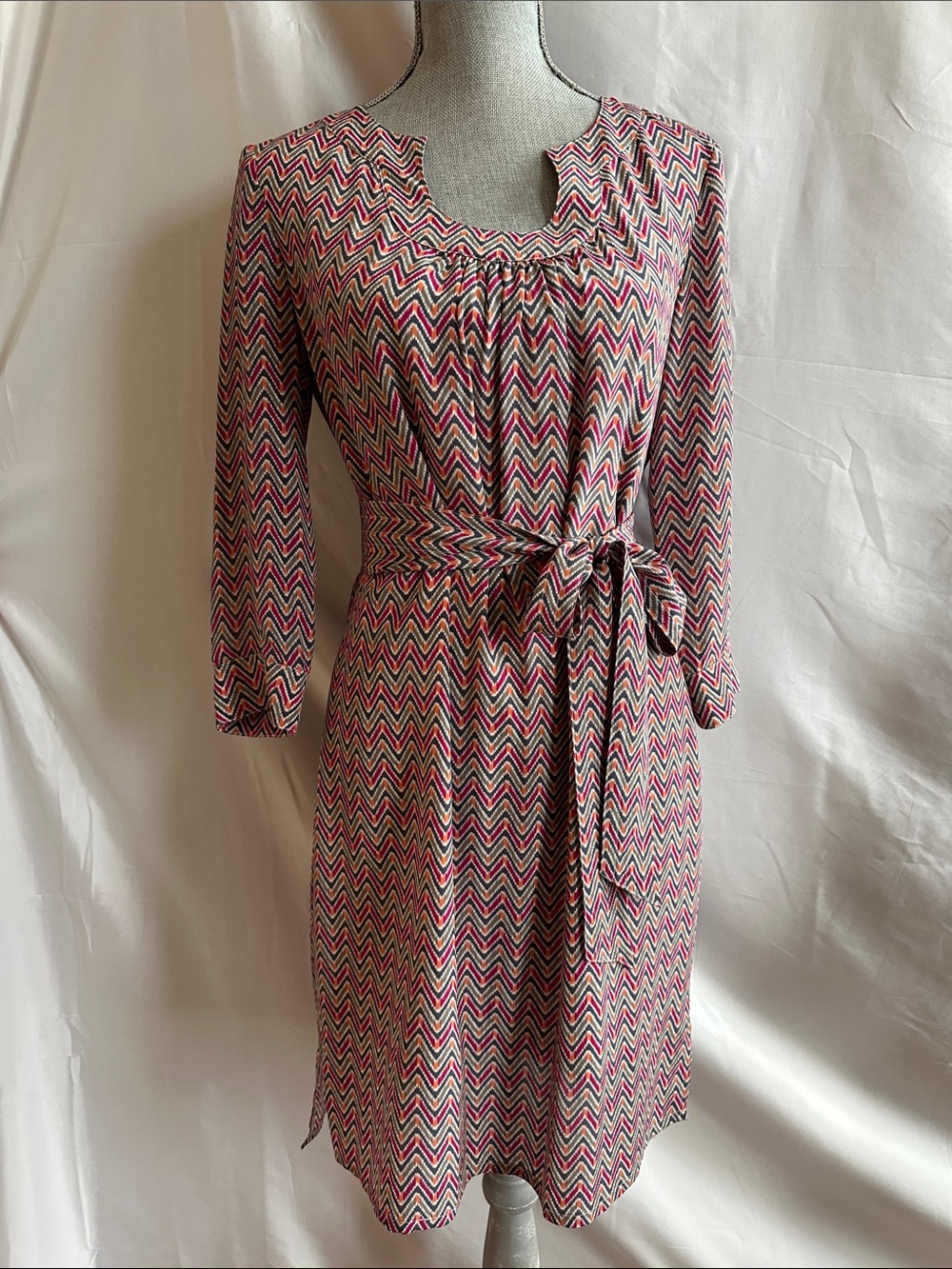 Ellie Kai Silk Claire Dress, Chevron-Print Long Sleeve Belted